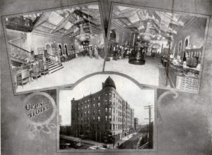 A black and white printed post card details in the interior and the exterior of the Oriental Hotel. Dated 1908, this was 15 years after opening day.