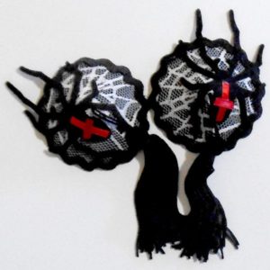 Pictured here are not historic halloween pasties but rather contemporary ones that show a spider web with a black widow spider on top complete with tassels.