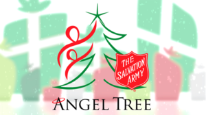 angel tree is represented in Reds and greens of a very simplified tree and gifts with the words 'angel tree'