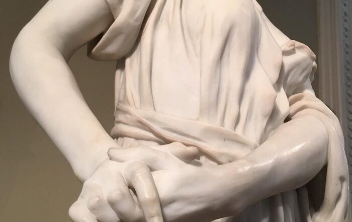 Lady Macbeth detailed, veined hands, clutched to the side.