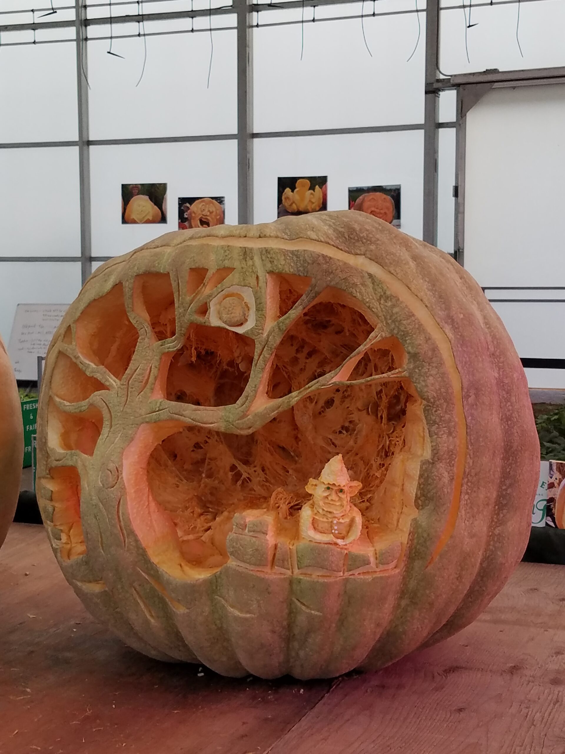 A color photograph of a huge pumpkin at the State Fair of Texas that has been carved in to a haunted forest complete with elfin creature in the front.