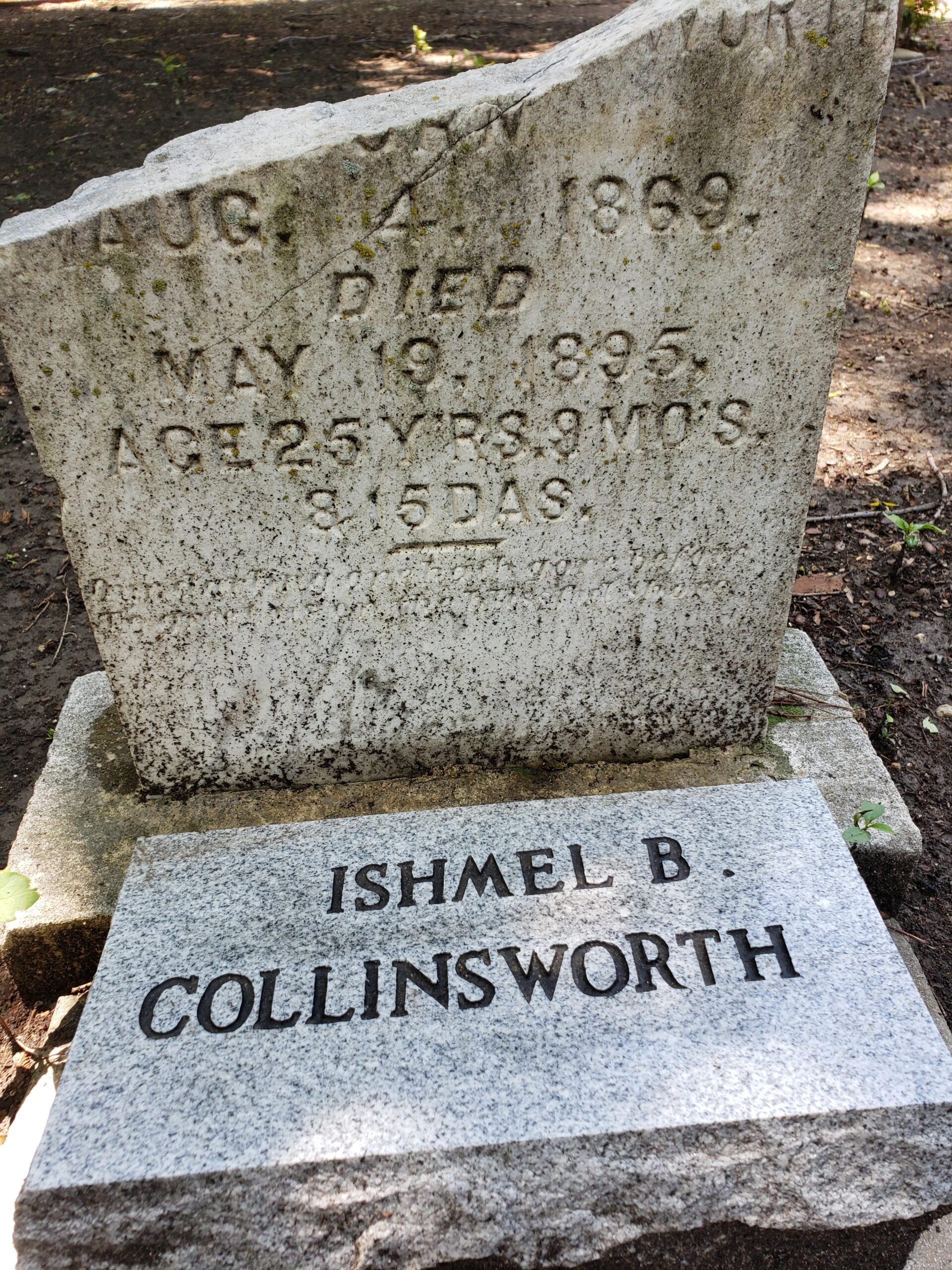 An original headstone for Ishmel Collinsworth is seen in the background with a much more contemporary one immediately in front of it.