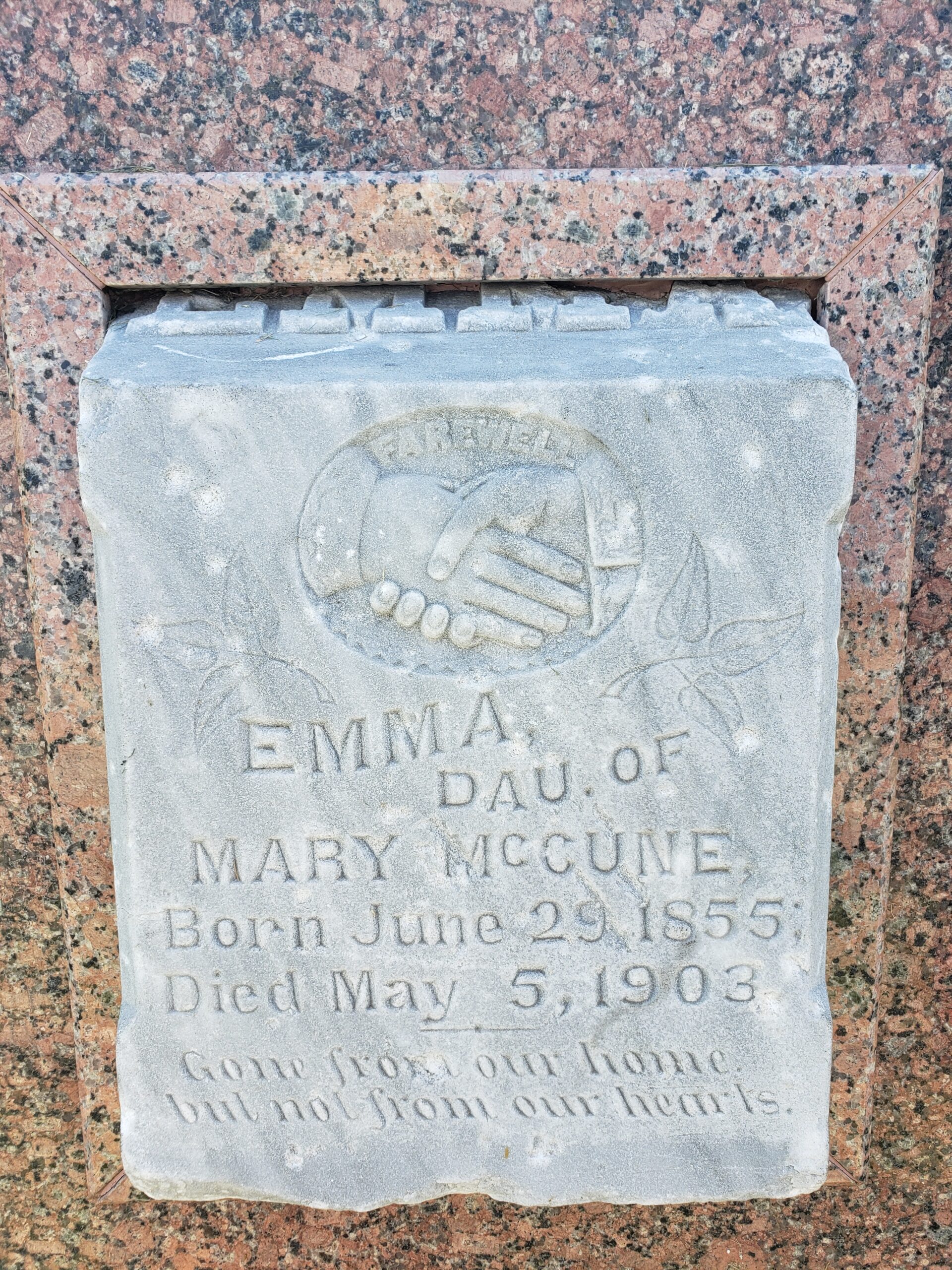 Emma McCune's headstone from the Freedman's cemetery shows very little wear and is crisply detailed.
