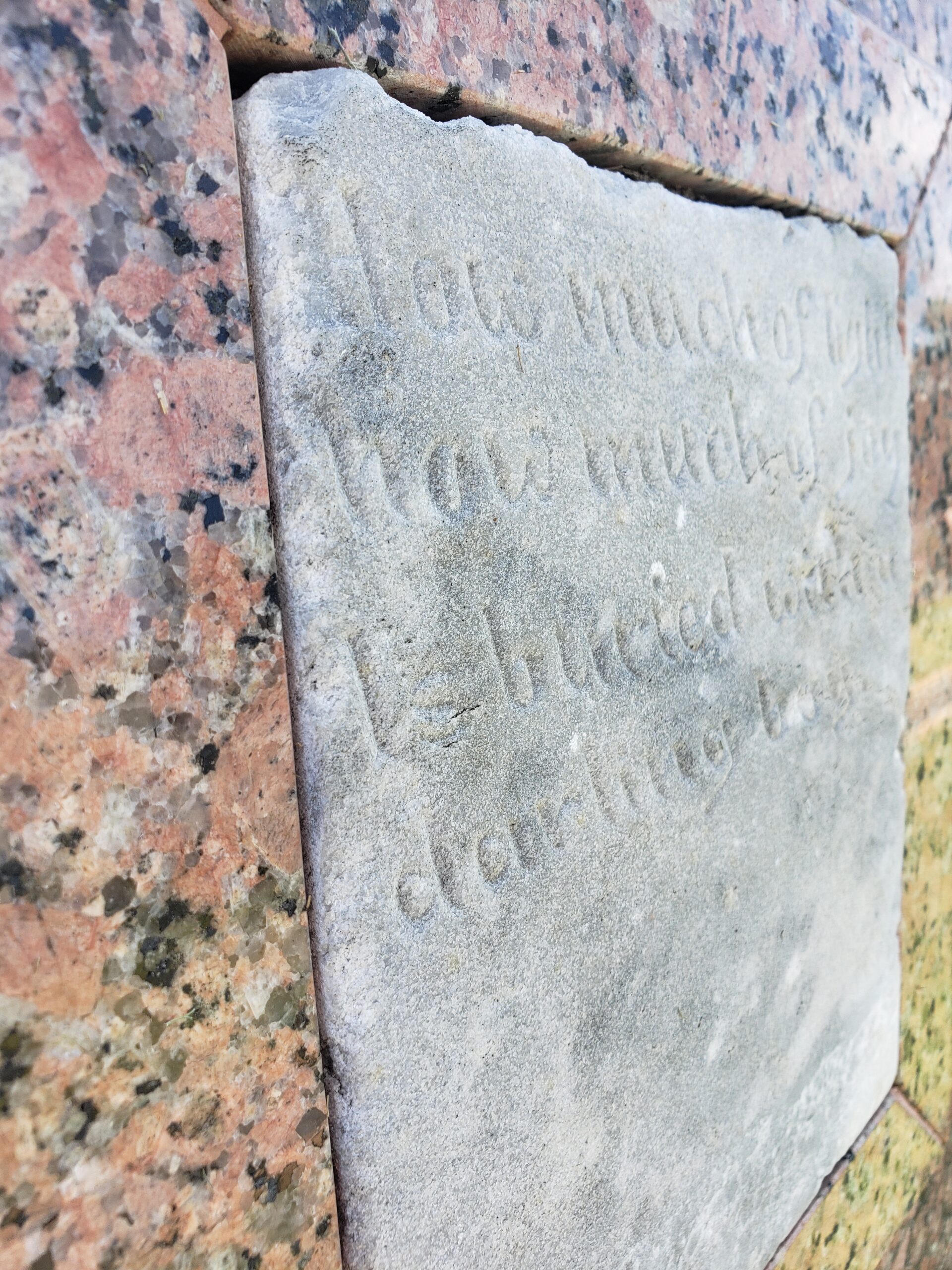 Colorful stone encapsulates all but the very front face of the stone from the Freedman's cemetery.